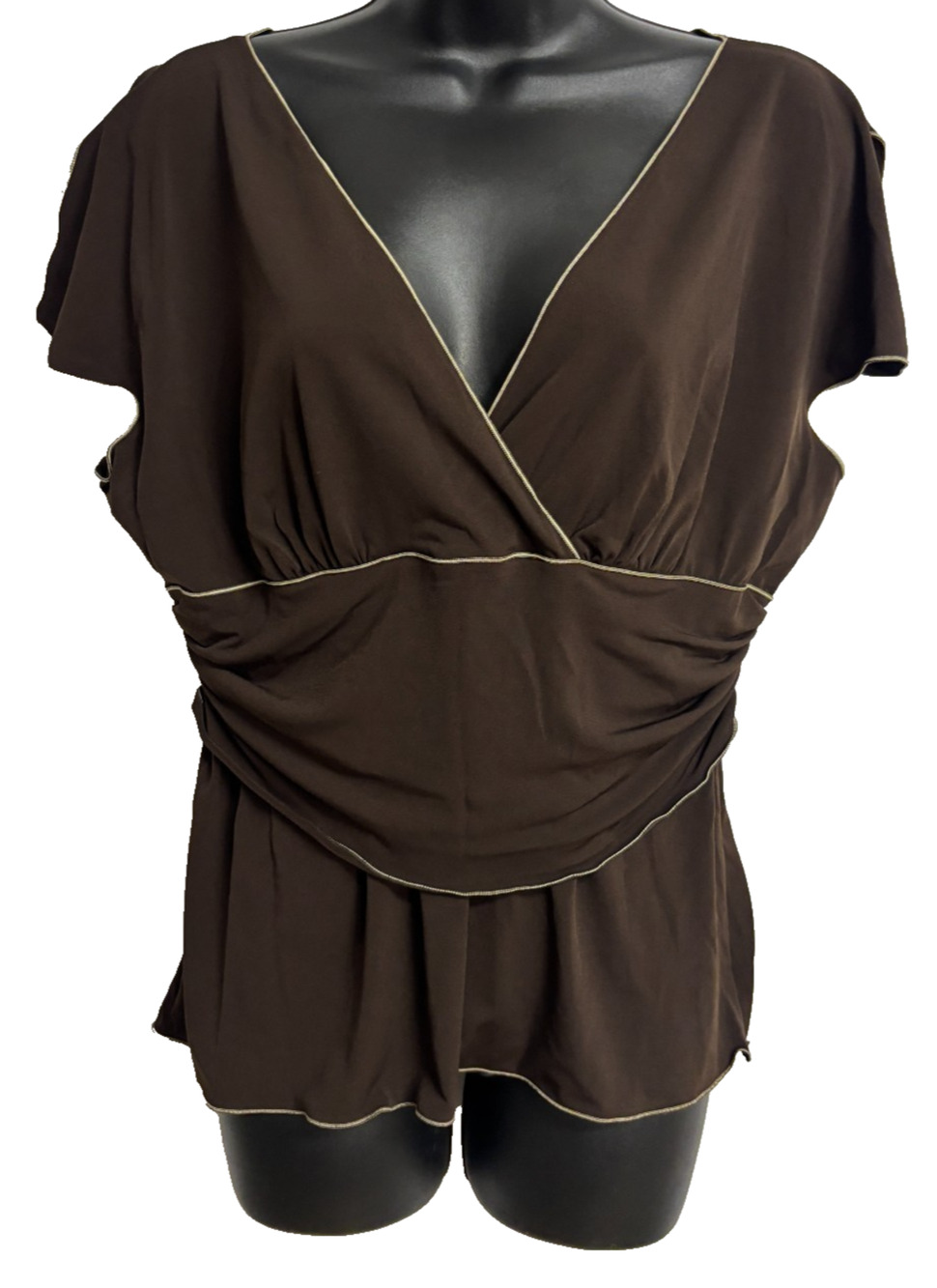 Studio M V-Neck Ruched Empire Waist Blouse Brown Flutter Sleeve USA Made XL New